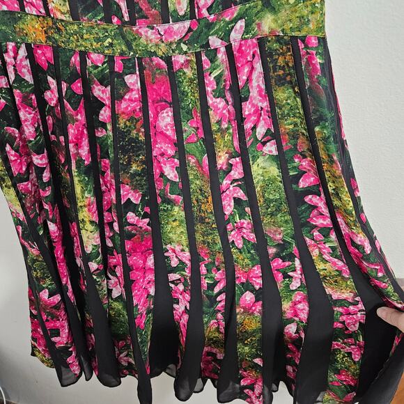Adrianna Papell Black Striped Floral Pink & Green Fit and Flare Dress. Size 12 - Picture 6 of 9